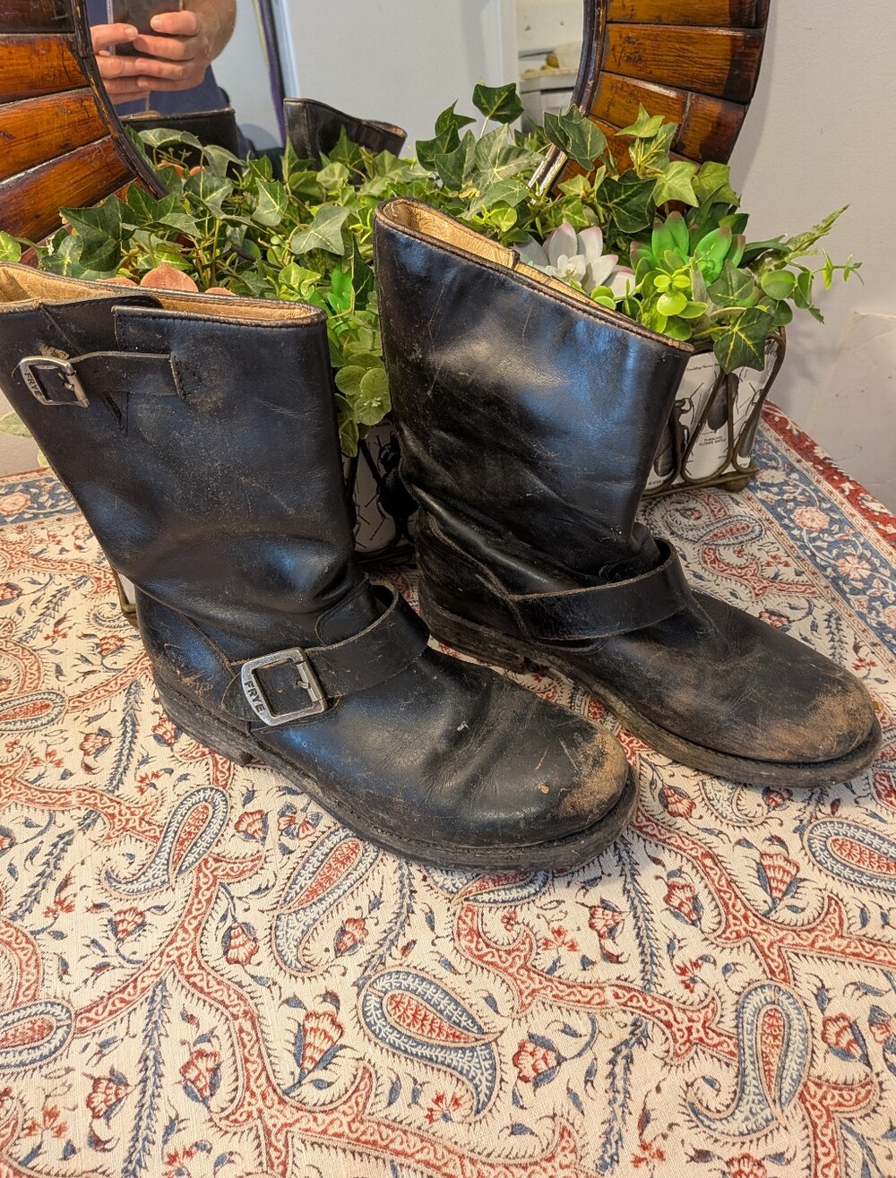 Frye Black Leather Mid-Calf Buckle Boots